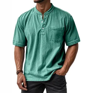 Men's casual short sleeve henley shirt with button placket and chest pocket main view.