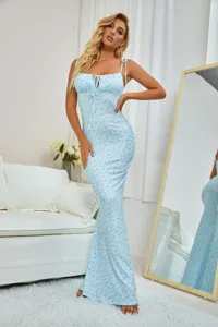 Women light blue floral maxi dress sleeveless spaghetti strap slim fit sexy long dress