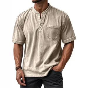 Mens casual short sleeve henley shirt summer comfortable cotton button up polo top fashion