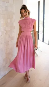 Pink high neck sleeveless cutout maxi dress for women summer street fashion style detail view.