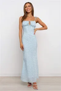 Light blue floral cami dress, slim fit bodycon long dress with cute tie front and keyhole.