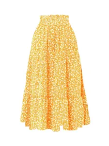 Yellow floral tiered maxi skirt, high waist smocked bohemian A-line flowing swing long skirt.