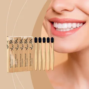 Brosse à dents en bambou écologique avec poils noirs doux, 100 % biodégradable et saine.