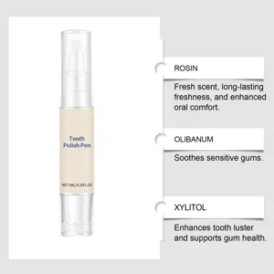 Detailed view of the portable tooth polish pen with clear botanical ingredient callouts.