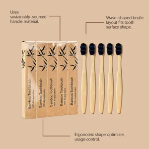 Vue détaillée de la brosse à dents en bambou écologique avec manche ergonomique et poils.