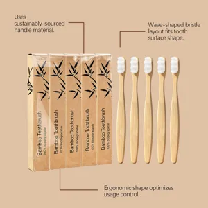 Détail brosse à dents en bambou, manche durable et poils ondulés pour un nettoyage quotidien.