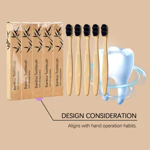 Lot de brosses à dents en bambou plat éco-responsable avec poils noirs doux et emballage bio.