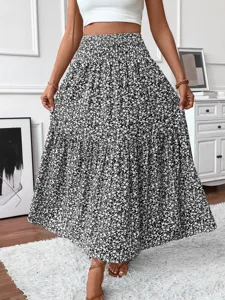 Floral tiered maxi skirt for women high waist long bohemian skirt casual summer streetwear