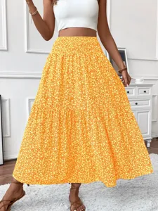 Floral tiered maxi skirt detail, elegant women's high waist long skirt for stylish outfits.