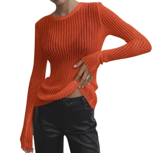 Femme haut uni côtelé manches longues col rond décontracté slim fit respirant pull printemps