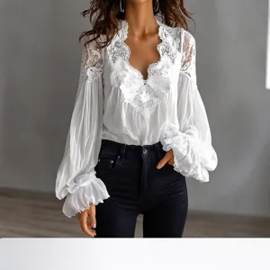 Dames Lang Mouw Pofmouw Blouse Regular Fit Geplooid Kant Patchwork Effen Kleur Elegant Casual Top