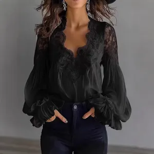 Dames zwarte blouse met kant patchwork lantaarnmouwen elegante V-hals casual top