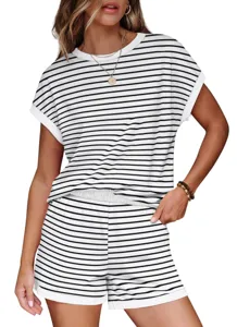 Casual black and white striped two-piece loungewear set for women, perfect for daily summer wear.