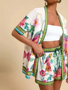 Tropischer Blumenprint Zweiteiler Shorts Set Sommer Kurzarm Kimono Outfit Freizeitkleidung