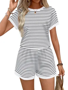 Summer casual black and white striped short sleeve top and shorts lounge set product detail.