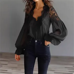 Vrouwen zwarte kant splitsen lange mouw blouse, elegante V-hals pofmouw mode overhemd.
