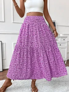 Detailed view of the purple floral tiered long skirt, featuring a high waist and elegant flow.