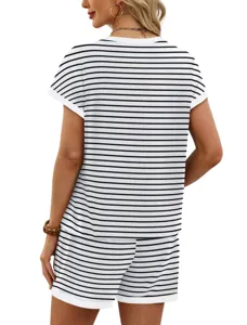 Striped casual lounge set detail view, featuring comfortable o-neck top and matching shorts.