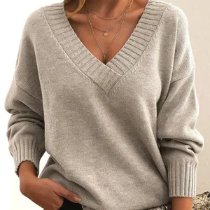 Women casual V-neck loose pullover sweater long sleeve knitted top for autumn daily wear