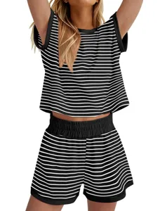 Casual striped pajama set for women, featuring a round neck short sleeve top and shorts.