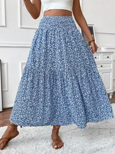 Blue and white floral tiered maxi skirt, elegant high waist boho long skirt for women.