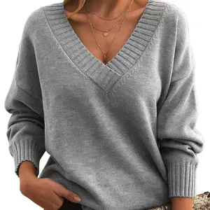 Women Grey V-Neck Oversized Knit Sweater Long Sleeve Casual Pullover Jumper Top Wear
