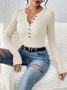 Vrouwen effen kleur geribbelde breisel lange mouw Henley top slim casual trui detail