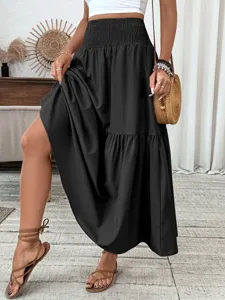 High waist tiered black maxi skirt for women casual long skirt elegant summer wear detail view