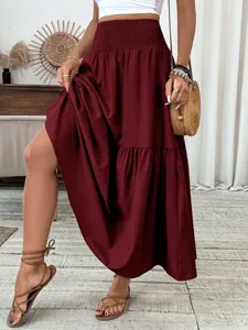 Women high waist tiered maxi skirt maroon long split skirt casual elegant ladies bottom apparel