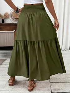 Solid olive green tiered maxi skirt, high waist long boho skirt for women detail view.