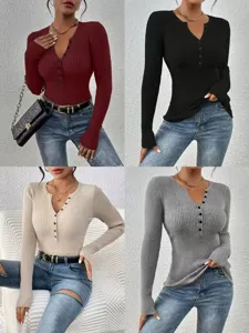 Dames Casual Effen Kleur Lange Mouw V-Hals Knoop Slim Fit Gebreide Trui Top