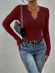 Dames slim fit geribd lange mouwen gebreide trui effen kleur henley top casual mode