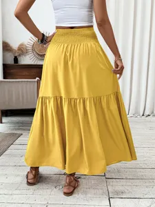 Solid yellow high waist tiered maxi skirt for women, elegant casual long skirt for summer.