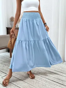 Light blue high waist tiered maxi skirt, elegant pleated long skirt for women daily wear.