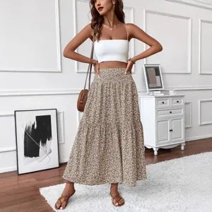 Women's Casual Floral Print A-Line Maxi Skirt High Waist Tiered Long Skirt Summer Sweet Style Pockets Apparel