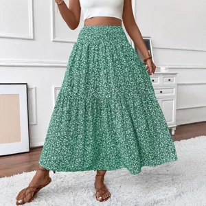 Green floral tiered long skirt for women, high waist A-line boho maxi skirt for summer.