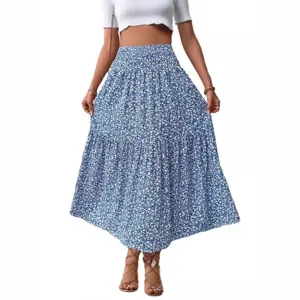 Women boho blue floral print tiered long maxi skirt high waist casual elegant summer skirt