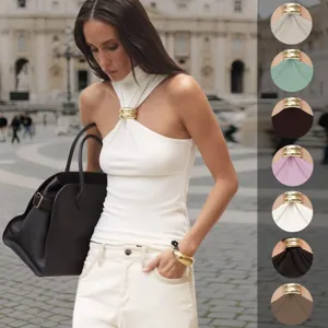 Women summer sleeveless halter neck stretch top with gold ring detail and color options.