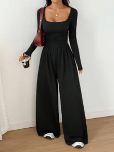 Women's Black Long Sleeve Square Neck Jumpsuit Casual Cinched Waist Wide Leg Romper