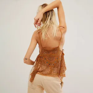 Women Sexy Sheer Backless Rhinestone Camisole Mesh Patchwork Beach Sunscreen Tank Top Casual Party Club Wear