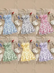 Robe à Bretelles Florale Française pour Femmes Coupe Slim Plissé Sexy Mini Robe Bodycon pour Vacances d'Été à la Plage Sans Manches