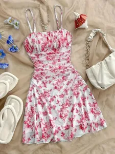 Robe caraco florale française été sexy coupe slim robe courte plissée vue principale