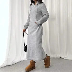 Γυναικείο Casual Φόρεμα Foutou Sweatshirt Makry Maniki me Kordoni Monokhromo Plekto Maxi Forema
