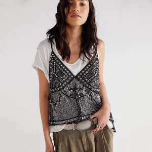 Sexy Rhinestone Sequin Cami Top Layered White Tee Casual Summer Fashion Women Tank