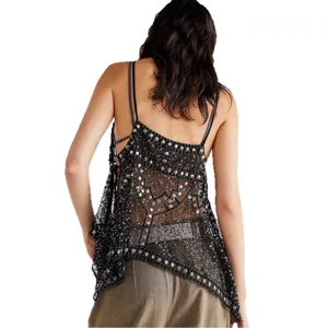 Black sheer sequin camisole tank top back view for women fashion sexy summer beachwear