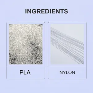 Detailed material breakdown showing PLA and nylon fibers for hands-free dental floss.