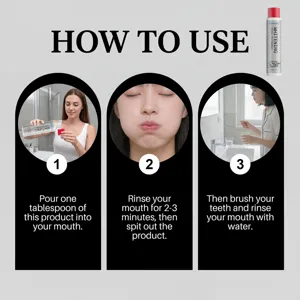 Detailed instruction graphic showing step-by-step usage of the whitening mouthwash.