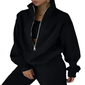 Women's black half-zip fleece sweatshirt and sweatpants activewear set main view.