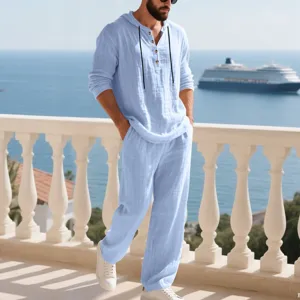 Men light blue linen two piece set long sleeve hoodie henley shirt and casual long pants