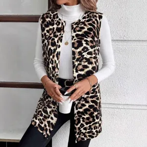 Chaleco de Moda Casual con Estampado de Leopardo para Mujer Parte Delantera Abierta Abrigo Largo de Otoño e Invierno Sin Mangas Cuello Bufanda Cárdigan